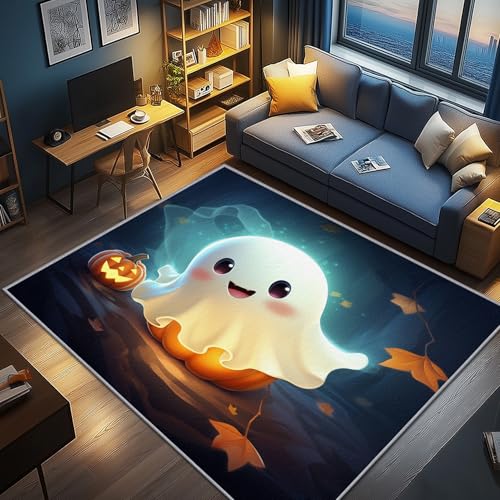 AevuCub Halloween Geist Deko, Kürbis Laterne Teppich 80x150 Kurzflor, Kleiner Teppich Wohnzimmer Süße Geist, Weich rutschfest Waschbare Teppiche, Bettvorleger Schlafzimmer Kinderzimmer von AevuCub