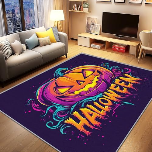 AevuCub Halloween Kürbis Deko, Kürbis Laterne Teppich 140x200 Kurzflor, Teppich Wohnzimmer Herbst Kürbis, Weich rutschfest Waschbare Teppiche, Bettvorleger Schlafzimmer Kinderzimmer von AevuCub