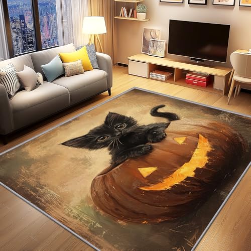 AevuCub Halloween Kürbis Deko, Schwarze Katze Teppich 240x340 Kurzflor, Großer Teppich Wohnzimmer Kürbis Laterne, Weich rutschfest Waschbare Teppiche, Bettvorleger Schlafzimmer Kinderzimmer von AevuCub