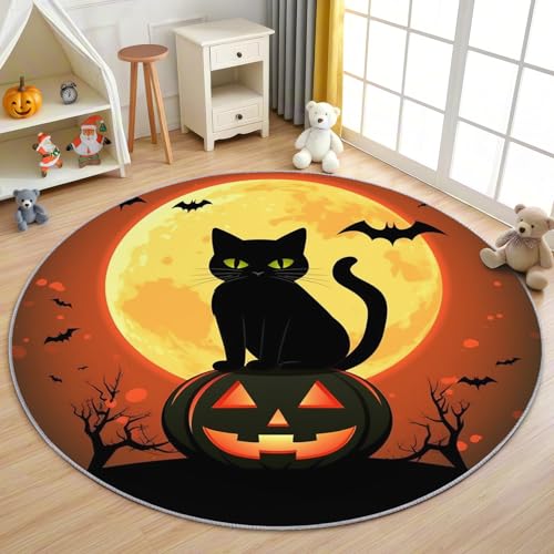 AevuCub Halloween Teppich Rund 120cm Kurzflor - Waschbare Teppiche Wohnzimmer Schwarze Katze Kürbis - Runder Teppich 120 Durchmesser Kinderzimmer - Bettvorleger Schlafzimmer rutschfest Weich AevuCub Halloween Teppich Rund 120cm Kurzflor - Waschbare Teppiche Wohnzimmer Schwarze Katze Kürbis - Runder Teppich 120 Durchmesser Kinderzimmer - Bettvorleger Schlafzimmer rutschfest Weich von AevuCub