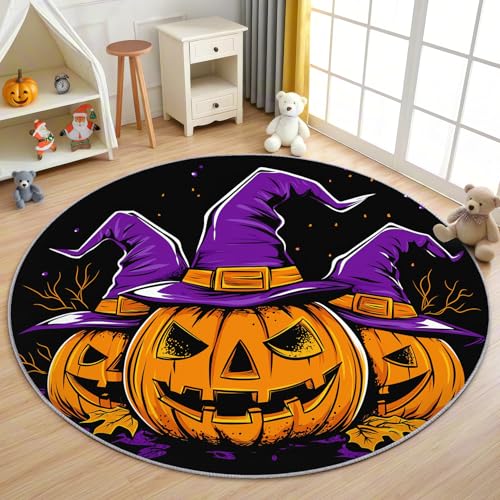 AevuCub Halloween Teppich Rund 120cm Kurzflor - Waschbare Teppiche Wohnzimmer Spooky Kürbis - Runder Teppich 120 Durchmesser Kinderzimmer - Bettvorleger Schlafzimmer rutschfest Weich von AevuCub
