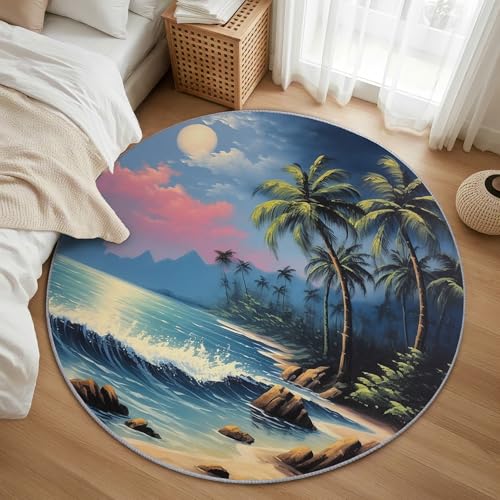 AevuCub Hawaii Teppich Rund 100cm Kurzflor - Waschbare Teppiche Wohnzimmer Strand Tropische Palmen - Runder Teppich 100cm Durchmesser Kinderzimmer - Bettvorleger Schlafzimmer rutschfest Weich AevuCub Hawaii Teppich Rund 100cm Kurzflor - Waschbare Teppiche Wohnzimmer Strand Tropische Palmen - Runder Teppich 100cm Durchmesser Kinderzimmer - Bettvorleger Schlafzimmer rutschfest Weich von AevuCub
