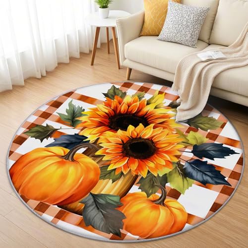 AevuCub Herbst Kürbis Teppich Rund 200cm Kurzflor - Waschbare Teppiche Wohnzimmer Sonnenblumen Karomuster - Runder Teppich 200 cm Durchmesser - Bettvorleger Schlafzimmer rutschfest Weich AevuCub Herbst Kürbis Teppich Rund 200cm Kurzflor - Waschbare Teppiche Wohnzimmer Sonnenblumen Karomuster - Runder Teppich 200 cm Durchmesser - Bettvorleger Schlafzimmer rutschfest Weich von AevuCub