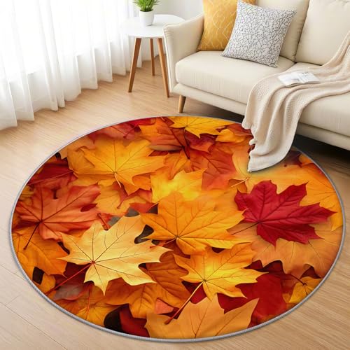 AevuCub Herbstmotiv Teppich Rund 100cm Kurzflor - Waschbare Teppiche Wohnzimmer Herbstblätter - Runder Teppich 100cm Durchmesser Kinderzimmer - Bettvorleger Schlafzimmer rutschfest Weich von AevuCub