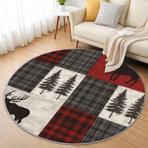 AevuCub Hirsch Teppich Rund 150cm Kinderzimmer - Waschbare Teppiche Wohnzimmer Rustikale Plaid Patchwork - Runder Teppich 150 Durchmesser - Bettvorleger Schlafzimmer rutschfest Weich von AevuCub