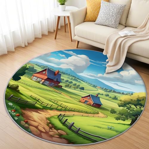 AevuCub Hütte Teppich Rund 100cm Kurzflor - Waschbare Teppiche Wohnzimmer Natur Bauernhöfe - Runder Teppich 100cm Durchmesser Kinderzimmer - Bettvorleger Schlafzimmer rutschfest Weich von AevuCub