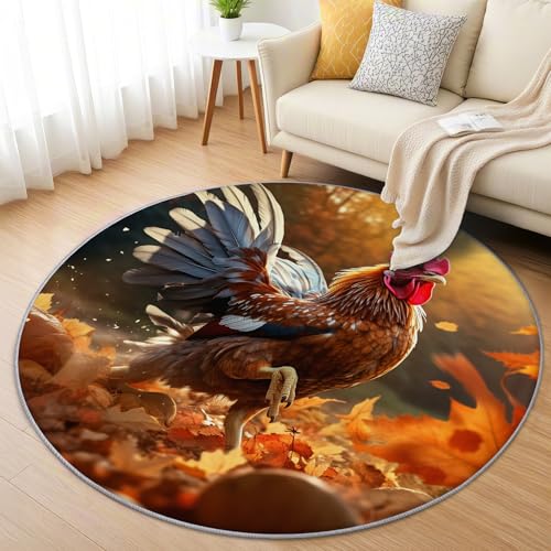 AevuCub Huhn Teppich Rund 160 Kurzflor - Waschbare Teppiche Wohnzimmer Rustikale Henne Bauernhof Tiere - Runder Teppich 160 Durchmesser Kinderzimmer - Bettvorleger Schlafzimmer rutschfest Weich von AevuCub
