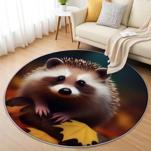AevuCub Igel Teppich Rund 150cm Kinderzimmer - Waschbare Teppiche Wohnzimmer Igel Motiv - Runder Teppich 150 Durchmesser - Bettvorleger Schlafzimmer rutschfest Weich von AevuCub