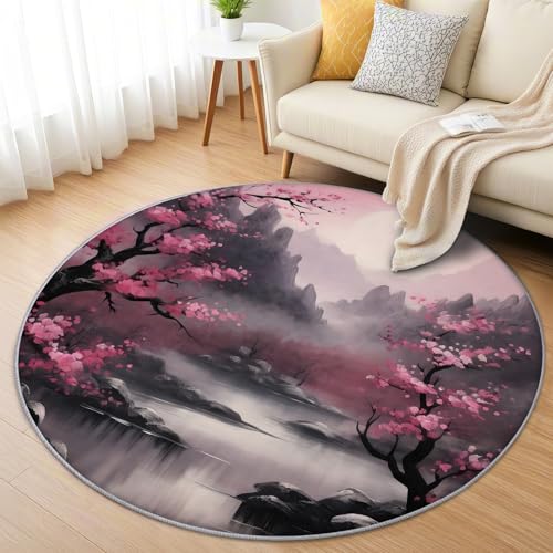 AevuCub Japanische Kirschblüte Teppich Rund 90 cm Kurzflor - Waschbare Teppiche Wohnzimmer Asiatische - Runder Teppich 90 Durchmesser Kinderzimmer - Bettvorleger Schlafzimmer rutschfest Weich AevuCub Japanische Kirschblüte Teppich Rund 90 cm Kurzflor - Waschbare Teppiche Wohnzimmer Asiatische - Runder Teppich 90 Durchmesser Kinderzimmer - Bettvorleger Schlafzimmer rutschfest Weich von AevuCub