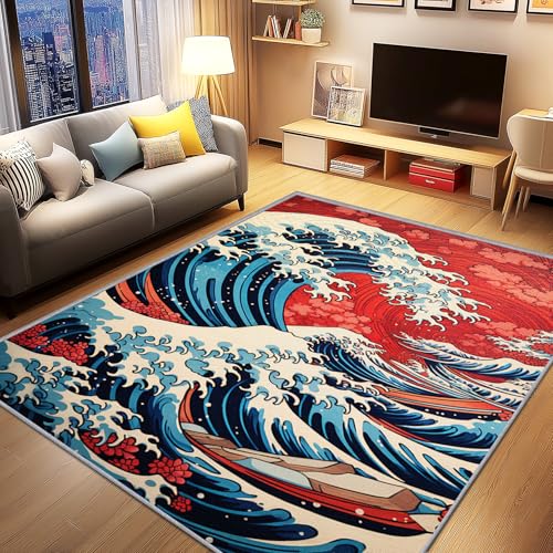 AevuCub Japanische Welle Deko, Japanischer Stil Ukiyo-E Teppich 160x200 Kurzflor, Teppich Wohnzimmer Meer Wellen, Weich rutschfest Waschbare Teppiche, Bettvorleger Schlafzimmer Kinderzimmer von AevuCub