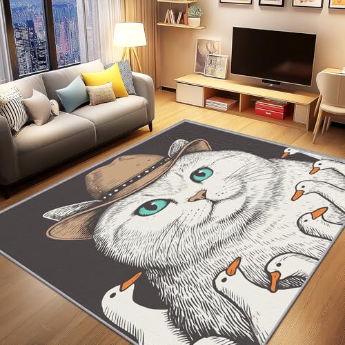 AevuCub Katze Deko, Süße Katzen Teppich 120x160 Kurzflor, Teppich Wohnzimmer Cartoon Ente, Weich rutschfest Waschbare Teppiche, Bettvorleger Schlafzimmer Kinderzimmer von AevuCub