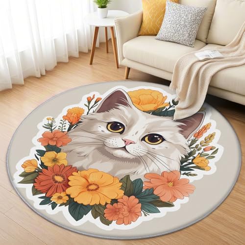 AevuCub Katze Teppich Rund 120cm Kurzflor - Waschbare Teppiche Wohnzimmer Katzenmotiv Tiermotive - Runder Teppich 120 Durchmesser Kinderzimmer - Bettvorleger Schlafzimmer rutschfest Weich von AevuCub