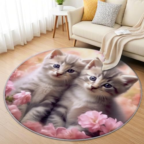 AevuCub Katzenmotiv Teppich Rund 200cm Kurzflor - Waschbare Teppiche Wohnzimmer Süße Katze - Runder Teppich 200 cm Durchmesser Kinderzimmer - Bettvorleger Schlafzimmer rutschfest Weich von AevuCub