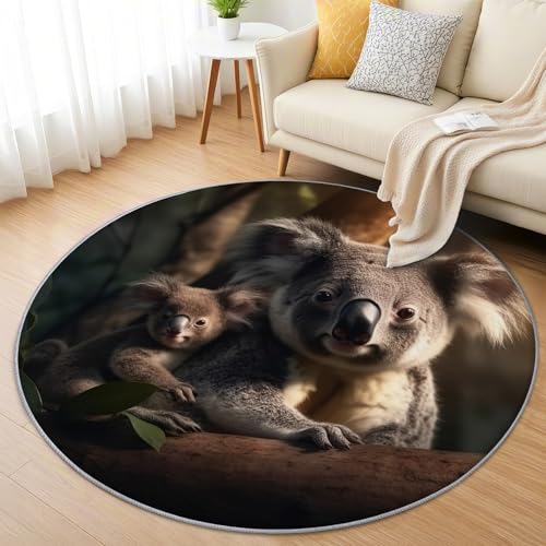 AevuCub Koala Teppich Rund 150cm Kinderzimmer - Waschbare Teppiche Wohnzimmer Süße Tiere Koala Motiv - Runder Teppich 150 Durchmesser - Bettvorleger Schlafzimmer rutschfest Weich von AevuCub