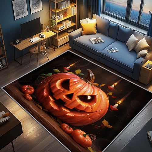 AevuCub Kürbis Deko, Halloween Kürbis Laterne Teppich 200x300 Kurzflor, Großer Teppich Wohnzimmer Gruseliger Halloween, Weich rutschfest Waschbare Teppiche, Bettvorleger Schlafzimmer Kinderzimmer von AevuCub