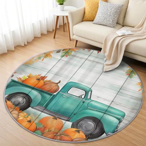 AevuCub Kürbis Teppich Rund 150cm Kinderzimmer - Waschbare Teppiche Wohnzimmer Herbst Vintage LKW - Runder Teppich 150 Durchmesser - Bettvorleger Schlafzimmer rutschfest Weich von AevuCub