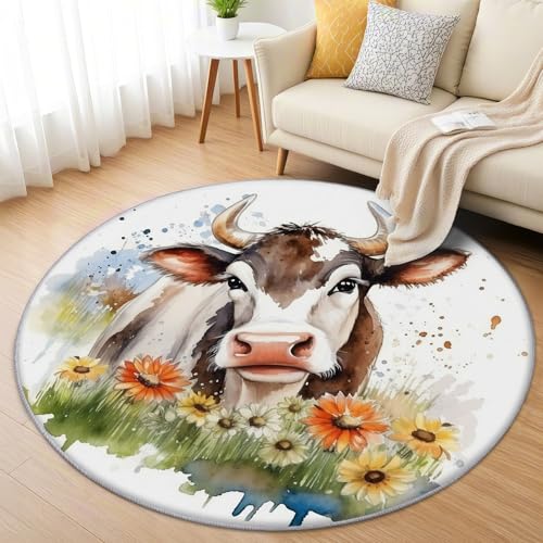 AevuCub Kuh Teppich Rund 120cm Kurzflor - Waschbare Teppiche Wohnzimmer Rinder Bauernhaus Tier - Runder Teppich 120 Durchmesser Kinderzimmer - Bettvorleger Schlafzimmer rutschfest Weich von AevuCub