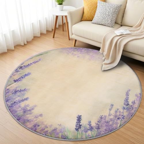 AevuCub Lavendel Teppich Rund 150cm Kinderzimmer - Waschbare Teppiche Wohnzimmer Lila Blumen - Runder Teppich 150 Durchmesser - Bettvorleger Schlafzimmer rutschfest Weich AevuCub Lavendel Teppich Rund 150cm Kinderzimmer - Waschbare Teppiche Wohnzimmer Lila Blumen - Runder Teppich 150 Durchmesser - Bettvorleger Schlafzimmer rutschfest Weich von AevuCub