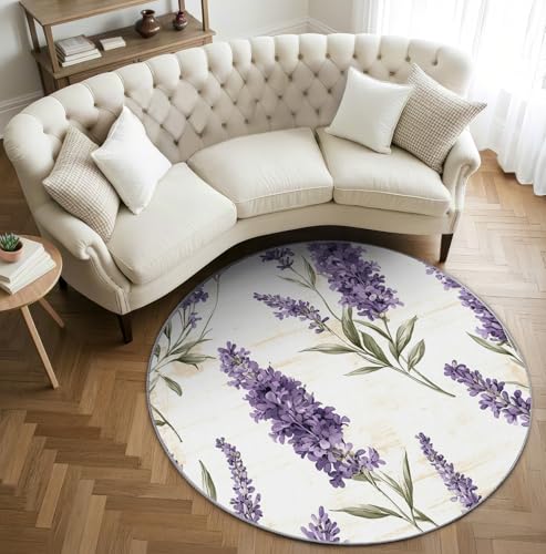 AevuCub Lavender Teppich Rund 120cm Kurzflor - Waschbare Teppiche Wohnzimmer Lila Weiß Blumen - Runder Teppich 120 Durchmesser Kinderzimmer - Bettvorleger Schlafzimmer rutschfest Weich von AevuCub