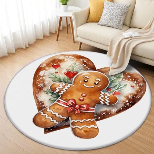 AevuCub Lebkuchenmann Teppich Rund 100cm Kurzflor - Waschbare Teppiche Wohnzimmer Weihnachten - Runder Teppich 100cm Durchmesser Kinderzimmer - Bettvorleger Schlafzimmer rutschfest Weich von AevuCub