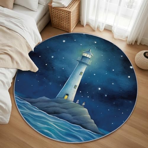 AevuCub Lighthouse Teppich Rund 200cm Kurzflor - Waschbare Teppiche Wohnzimmer Ozean Nautische - Runder Teppich 200 cm Durchmesser Kinderzimmer - Bettvorleger Schlafzimmer rutschfest Weich von AevuCub