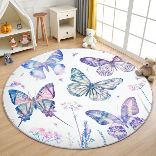 AevuCub Lila Schmetterling Teppich Rund 90 cm Kurzflor - Waschbare Teppiche Wohnzimmer Mädchen Kinder - Runder Teppich 200 cm Durchmesser Kinderzimmer - Bettvorleger Schlafzimmer rutschfest Weich AevuCub Lila Schmetterling Teppich Rund 90 cm Kurzflor - Waschbare Teppiche Wohnzimmer Mädchen Kinder - Runder Teppich 200 cm Durchmesser Kinderzimmer - Bettvorleger Schlafzimmer rutschfest Weich von AevuCub