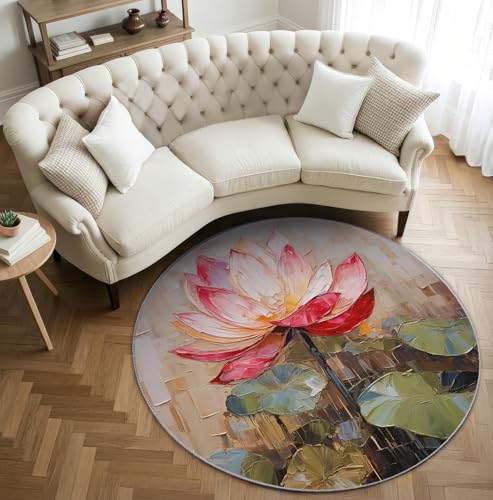 AevuCub Lotus Teppich Rund 100cm Kurzflor - Waschbare Teppiche Wohnzimmer Blumen ölgemälde - Runder Teppich 100cm Durchmesser Kinderzimmer - Bettvorleger Schlafzimmer rutschfest Weich von AevuCub