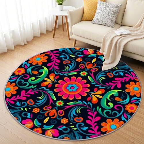 AevuCub Mexikanische Teppich Rund 150cm Kinderzimmer - Waschbare Teppiche Wohnzimmer Mexiko Bunte Blumen - Runder Teppich 150 Durchmesser - Bettvorleger Schlafzimmer rutschfest Weich AevuCub Mexikanische Teppich Rund 150cm Kinderzimmer - Waschbare Teppiche Wohnzimmer Mexiko Bunte Blumen - Runder Teppich 150 Durchmesser - Bettvorleger Schlafzimmer rutschfest Weich von AevuCub