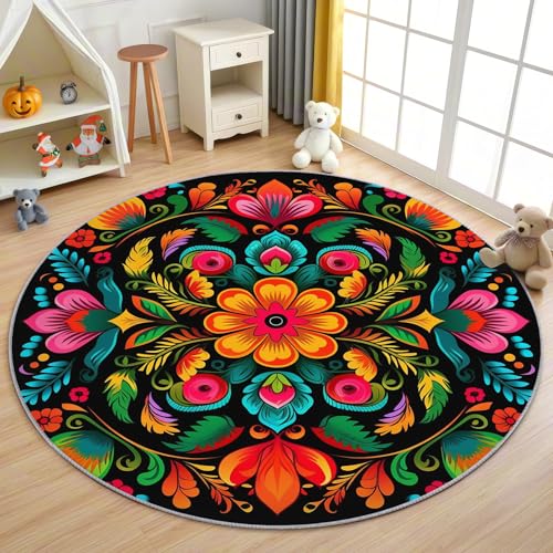 AevuCub Mexikanische Teppich Rund 90 cm Kurzflor - Waschbare Teppiche Wohnzimmer Mexiko Vintage Blumen - Runder Teppich 200 cm Durchmesser - Bettvorleger Schlafzimmer rutschfest Weich AevuCub Mexikanische Teppich Rund 90 cm Kurzflor - Waschbare Teppiche Wohnzimmer Mexiko Vintage Blumen - Runder Teppich 200 cm Durchmesser - Bettvorleger Schlafzimmer rutschfest Weich von AevuCub