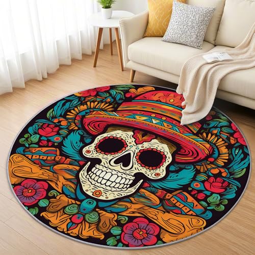 AevuCub Mexiko Totenkopf Teppich Rund 200cm Kurzflor - Waschbare Teppiche Wohnzimmer Tag Der Toten Mexiko Blumen - Runder Teppich 200 cm Durchmesser - Bettvorleger Schlafzimmer rutschfest Weich AevuCub Mexiko Totenkopf Teppich Rund 200cm Kurzflor - Waschbare Teppiche Wohnzimmer Tag Der Toten Mexiko Blumen - Runder Teppich 200 cm Durchmesser - Bettvorleger Schlafzimmer rutschfest Weich von AevuCub