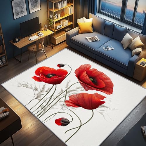 AevuCub Mohnblumen Deko, Mohn Teppich 100x150 Kurzflor, Teppich Wohnzimmer Blumen, Weich rutschfest Waschbare Teppiche, Bettvorleger Schlafzimmer Kinderzimmer von AevuCub