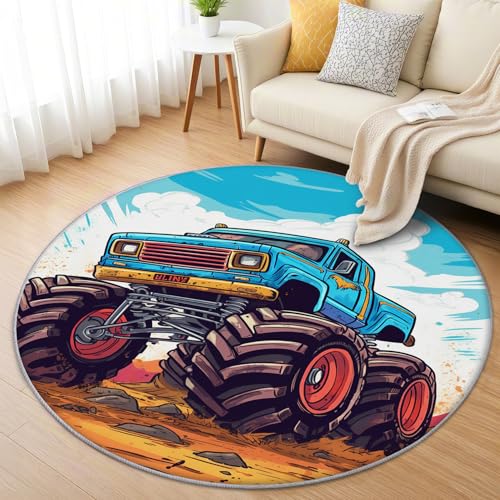 AevuCub Monster Truck Teppich Rund 120cm Kurzflor - Waschbare Teppiche Wohnzimmer Kinder Cartoon Auto - Runder Teppich 120 Durchmesser Kinderzimmer - Bettvorleger Schlafzimmer rutschfest Weich AevuCub Monster Truck Teppich Rund 120cm Kurzflor - Waschbare Teppiche Wohnzimmer Kinder Cartoon Auto - Runder Teppich 120 Durchmesser Kinderzimmer - Bettvorleger Schlafzimmer rutschfest Weich von AevuCub