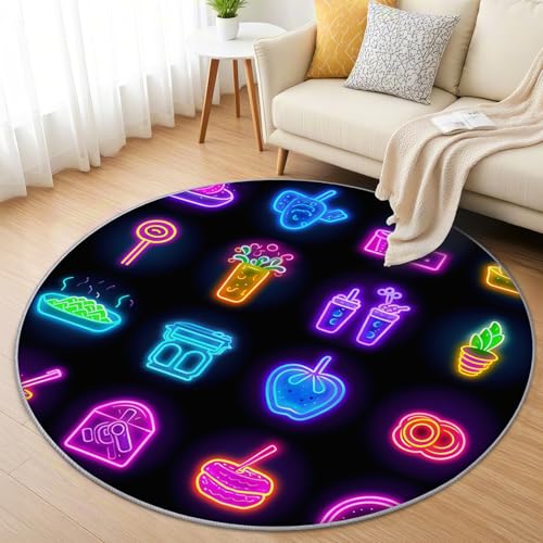 AevuCub Neon Teppich Rund 160 Kurzflor - Waschbare Teppiche Wohnzimmer Karikatur Obst Lebensmittel Thema - Runder Teppich 160 Durchmesser Kinderzimmer - Bettvorleger Schlafzimmer rutschfest Weich von AevuCub