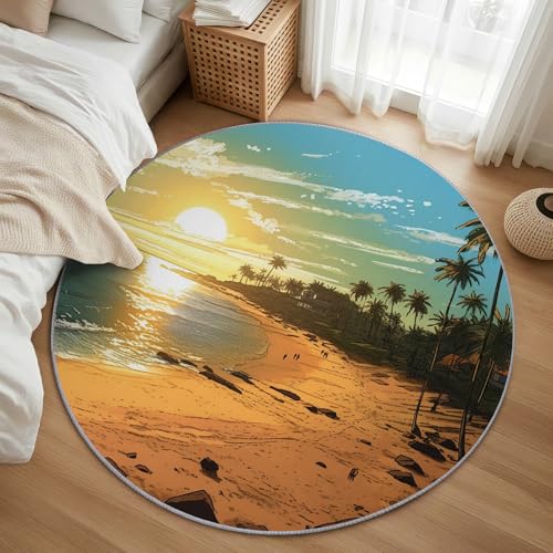 AevuCub Ocean Beach Teppich Rund 90 cm Kurzflor - Waschbare Teppiche Wohnzimmer Hawaiian Tropische Palmen - Runder Teppich 90 Durchmesser Kinderzimmer - Bettvorleger Schlafzimmer rutschfest Weich von AevuCub