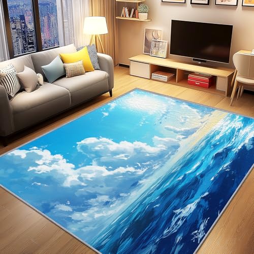 AevuCub Ozean Deko, Küsten Natur Thema Teppich 140x200 Kurzflor, Teppich Wohnzimmer Küste Motiv, Weich rutschfest Waschbare Teppiche, Bettvorleger Schlafzimmer Kinderzimmer von AevuCub