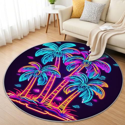 AevuCub Palmen Teppich Rund 150cm Kinderzimmer - Waschbare Teppiche Wohnzimmer Neon Tropische Palmen - Runder Teppich 150 Durchmesser - Bettvorleger Schlafzimmer rutschfest Weich von AevuCub