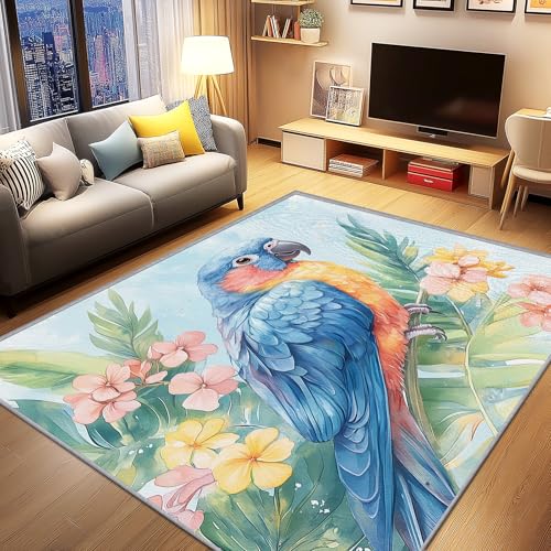 AevuCub Papagei Deko, Tropische Vogel Teppich 80x150 Kurzflor, Kleiner Teppich Wohnzimmer Tropische Pflanzen Blumen, Weich rutschfest Waschbare Teppiche, Bettvorleger Schlafzimmer Kinderzimmer von AevuCub