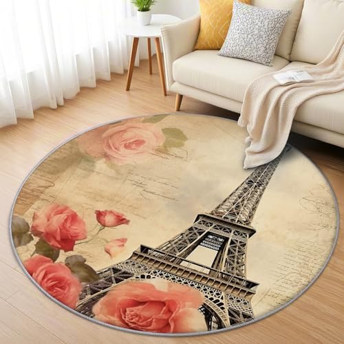 AevuCub Paris Eiffelturm Teppich Rund 120cm Kurzflor - Waschbare Teppiche Wohnzimmer Rustikal Blumen - Runder Teppich 120 Durchmesser Kinderzimmer - Bettvorleger Schlafzimmer rutschfest Weich von AevuCub