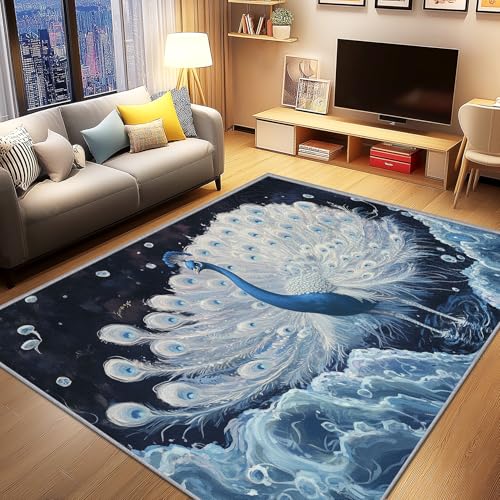 AevuCub Pfau Deko, Pfau Feder Teppich 160x230 Kurzflor, Großer Teppich Wohnzimmer Tier Thema, Weich rutschfest Waschbare Teppiche, Bettvorleger Schlafzimmer Kinderzimmer AevuCub Pfau Deko, Pfau Feder Teppich 160x230 Kurzflor, Großer Teppich Wohnzimmer Tier Thema, Weich rutschfest Waschbare Teppiche, Bettvorleger Schlafzimmer Kinderzimmer von AevuCub