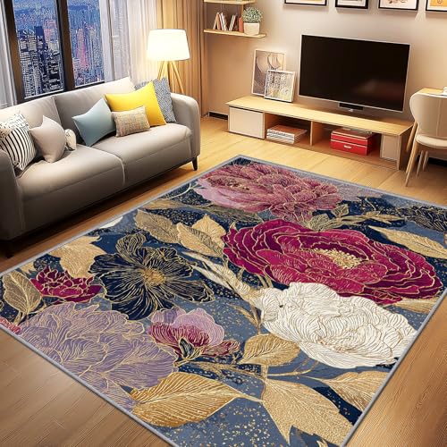 AevuCub Pfingstrose Deko, Modern Luxus Blumen Teppich 140x200 Kurzflor, Teppich Wohnzimmer Abstrakt Floral, Weich rutschfest Waschbare Teppiche, Bettvorleger Schlafzimmer Kinderzimmer von AevuCub