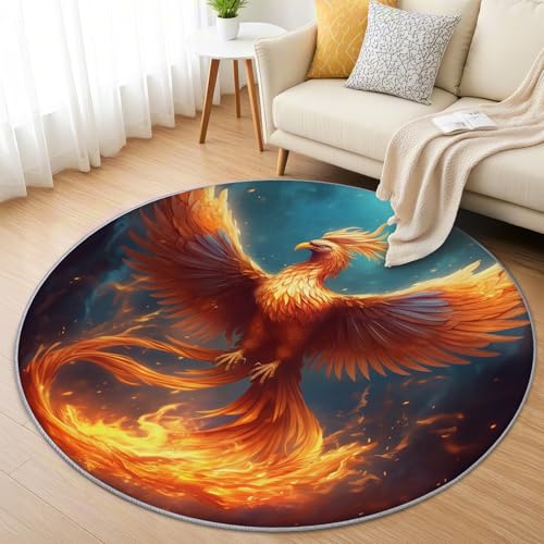 AevuCub Phoenix Teppich Rund 90 cm Kurzflor - Waschbare Teppiche Wohnzimmer Phönix - Runder Teppich 90 Durchmesser Kinderzimmer - Bettvorleger Schlafzimmer rutschfest Weich von AevuCub