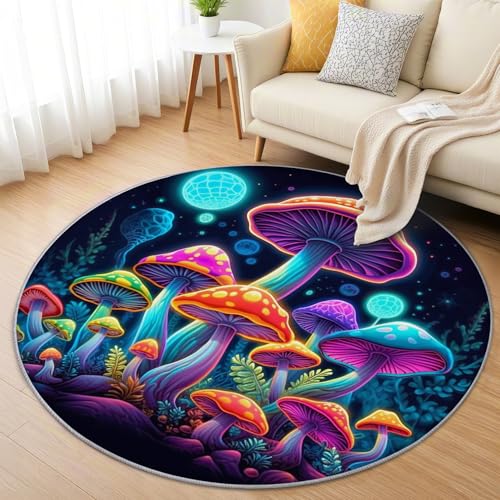 AevuCub Pilze Teppich Rund 150cm Kinderzimmer - Waschbare Teppiche Wohnzimmer Pilz - Runder Teppich 150 Durchmesser - Bettvorleger Schlafzimmer rutschfest Weich von AevuCub