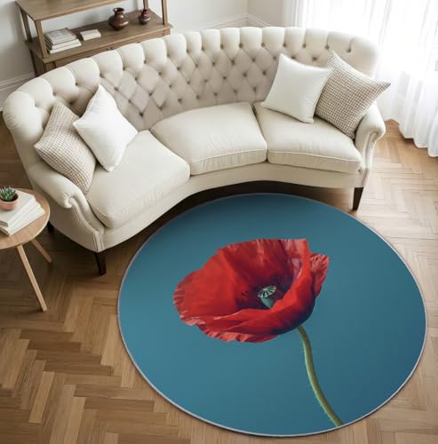 AevuCub Poppies Teppich Rund 90 cm Kurzflor - Waschbare Teppiche Wohnzimmer Rote Blumen - Runder Teppich 90 Durchmesser Kinderzimmer - Bettvorleger Schlafzimmer rutschfest Weich von AevuCub