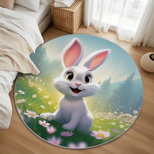 AevuCub Rabbit Teppich Rund 90 cm Kurzflor - Waschbare Teppiche Wohnzimmer Hase Motiv - Runder Teppich 90 Durchmesser Kinderzimmer - Bettvorleger Schlafzimmer rutschfest Weich von AevuCub
