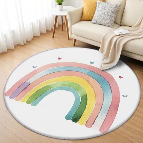 AevuCub Regenbogen Teppich Rund 200cm Kurzflor - Waschbare Teppiche Wohnzimmer Kinder - Runder Teppich 200 cm Durchmesser Kinderzimmer - Bettvorleger Schlafzimmer rutschfest Weich von AevuCub