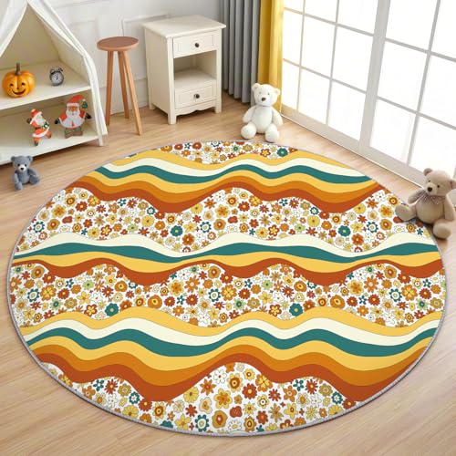 AevuCub Retro 70er Teppich Rund 60 cm Kurzflor - Waschbare Teppiche Wohnzimmer Vintage Groovy Blumen - Runder Teppich 200 cm Durchmesser Kinderzimmer - Bettvorleger Schlafzimmer rutschfest Weich AevuCub Retro 70er Teppich Rund 60 cm Kurzflor - Waschbare Teppiche Wohnzimmer Vintage Groovy Blumen - Runder Teppich 200 cm Durchmesser Kinderzimmer - Bettvorleger Schlafzimmer rutschfest Weich von AevuCub