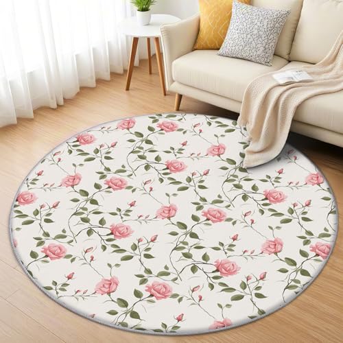 AevuCub Rosen Teppich Rund 150cm Kinderzimmer - Waschbare Teppiche Wohnzimmer Blumen Rosen Aesthetic Vintage Floral - Runder Teppich 150 Durchmesser - Bettvorleger Schlafzimmer rutschfest Weich von AevuCub