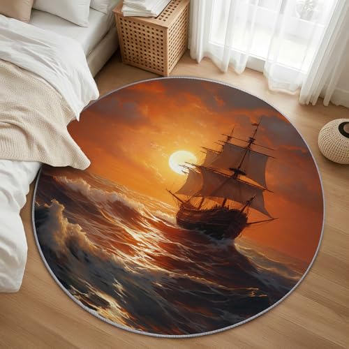 AevuCub Sailboat Teppich Rund 150cm Kinderzimmer - Waschbare Teppiche Wohnzimmer Ozean Meer Nautisch - Runder Teppich 150 Durchmesser - Bettvorleger Schlafzimmer rutschfest Weich von AevuCub