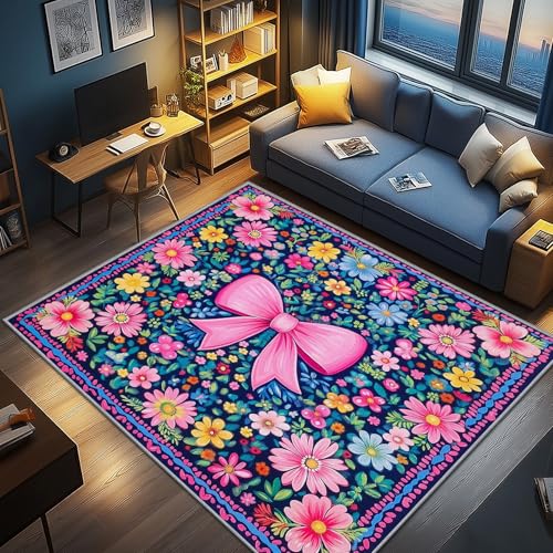 AevuCub Schleifen Deko, Rosa Blumen Teppich 120x170 Kurzflor, Teppich Wohnzimmer Mädchen Modern Floral, Weich rutschfest Waschbare Teppiche, Bettvorleger Schlafzimmer Kinderzimmer von AevuCub