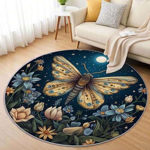 AevuCub Schmetterling Teppich Rund 150cm Kinderzimmer - Waschbare Teppiche Wohnzimmer Vintage Blumen Botanische - Runder Teppich 150 Durchmesser - Bettvorleger Schlafzimmer rutschfest Weich von AevuCub